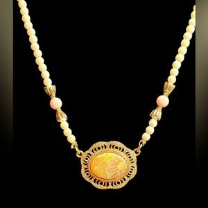 1928 White Bead Necklace with Gold Floral Pendant